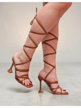 Strappy Brown Gladiator Heels With Lace-Up Design & Square Toe High Heel Sandals